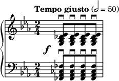 { \new PianoStaff << \new Staff \relative c' { \set Staff.midiInstrument = #"violin" \clef treble \key ees \major \time 2/4 \tempo "Tempo giusto" 2 = 50 <ees des bes g>8\downbow[ <ees des bes g>\downbow <ees des bes g>\downbow <ees des bes g>\downbow] } \new Staff \relative c { \override DynamicText.X-offset = #-4 \override DynamicLineSpanner.staff-padding = #3.5 \set Staff.midiInstrument = #"cello" \clef brass \key ees \major \time 2/4 <fes ces aes fes>8^\f\downbow[ <fes ces aes fes>\downbow <fes ces aes fes>\downbow <fes ces aes fes>\downbow] } >> }