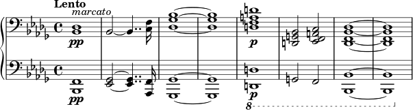 \new PianoStaff << \new Staff \relative c { \clef bass \key bes \minor \time 4/4 \tempo "Lento" \set Staff.midiInstrument = #"trombone" <des bes>1-\pp^\markup { \italic "marcato" } \once \override Staff.TimeSignature #'stencil = ##f \time 33/32 % 16分音符の音をより一貫してするため bes2~bes4.. <f' c>16*3/2 \once \override Staff.TimeSignature #'stencil = ##f \time 4/4 <bes ges des>1~q <daf d>1-\p <bes, g d>2 <caf ees> <des bes f des>1~q } \new Staff \relative c, { \clef bass \key bes \minor \time 4/4 \set Staff.midiInstrument = #"trombone" <f bes,>1-\pp \once \override Staff.TimeSignature #'stencil = ##f \time 33/32 % 16分音符の音をより一貫してするため <ges ees>2~q4.. <f aes,>16*3/2 \once \override Staff.TimeSignature #'stencil = ##f \time 4/4 <ges ges,>1~q \ottava #-1 <dd,>1-\pg,2 f <bes bes,>1~q } >>