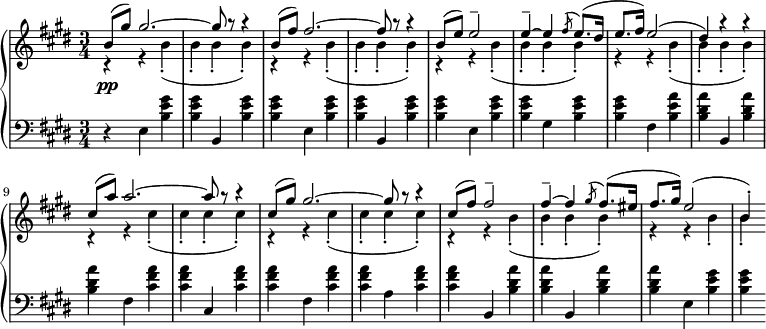 
 \relative b' { \new PianoStaff << \new Staff { \key cis \minor \time 3/4 << { b8( gis') gis2.~ gis8 r r4 b,8( fis') fis2.~ fis8 r r4 b,8( e) e2-- e4--~ e4 \slashedGrace fis8( e8.)( dis16 e8. fis16) e2( dis4) rr cis8( a') a2.~ a8 r r4 cis,8( gis') gis2.~ gis8 r r4 cis,8( fis) fis2-- fis4--~ fis4 \slashedGrace gis8( fis8 .)(eis16 fis8.gis16) e2( b4-.) } \\ { r4 r b4-.( b-. b-. b-.) r4 r b4-.( b-. b-. b-.) rr b4-.( b-. b-. b-.) rr b4-.( b-. b-. b-.) rr cis4-.( cis-. cis-. cis-.) r4 r cis4-.(cis-.cis-.cis-.) r4 r b4-.( b-. b-. b-.) r4 r b4-. b-。 } >> } \new Dynamics { s4\pp } \new Staff { \key cis \minor \time 3/4 \clef bass re,, <b' e gis> <be gis> b, <b' e gis> <be gis> e、<b' e gis> <be gis> b、<b' e gis> <be gis> e、<b' e gis> <be gis> gis <be gis> <be gis> fis <be a> <b dis a'> b、<b' dis a'> <b dis a'> fis <cis' fis a> <cis fis a> cis、<cis' fis a> <cis fis a> fis、<cis' fis a> <cis fis a> a <cis fis a> <cis fis a> b、<b' dis a'> <b dis a'> b、<b' dis a'> <b dis a'> e、<b' e gis> <be gis> } >> }
