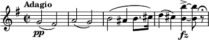\relative c'' { \tempo "Adagio" \key e \minor \time 2/2 g2\pp (fis) | (g) | b (ais4 b8.cis16) | d4 (cis) <b b'>->~\fz <b b'>8 r\fermata }