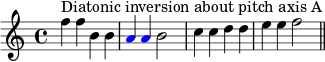 { \set Score.tempoHideNote = ##t \tempo 4 = 120 \key c \major \time 4/4 \set Score.proportionalNotationDuration = #(ly:make-moment 1/2) \relative c'' { \clef treble f4^\markup { 音高軸 A に関する全音階的転回 } fb, b \once \override NoteHead.color = #red a \once \override NoteHead.color = #red a b2 c4 cddee f2 \bar "||" } }