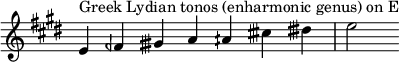 { \key e \major \override Score.TimeSignature #'stencil = ##f \relative c' { \clef treble \time 7/4 e4^\markup { ギリシャのリディア調の音階(異名同音属)E } feh gisih a aih cisih disih e2 } }