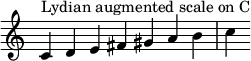 { \override Score.TimeSignature #'stencil = ##f \relative c' { \clef treble \time 7/4 c4^\markup { C のリディアン増音階 } de fis gis abc } }