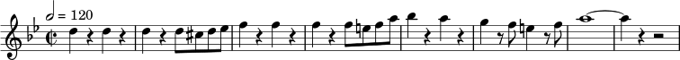  \relative c'' { \set Staff.midiInstrument = #"フルート" \tempo 2 = 120 \key bes \major \time 2/2 d4 r4 d4 r4 | d4 r4 d8 シス デ | f4 r4 f4 r4 | f4 r4 f8 efa | bes4 r4 a4 r4 | g r8 f8 e4 r8 f8 | a1 ～ a4 r4 r2 } 