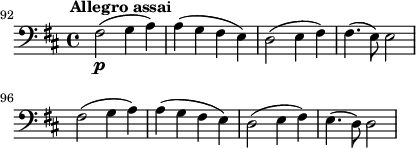\layout { indent = 0 ragged-right = ##t } \new Score { #(set-default-paper-size "b6") \new Staff { \relative c, { \set Staff.midiInstrument = #"cello" \set Score.currentBarNumber = #92 \time 4/4 \key d \major \clef "bass_8" \omit Staff.ClefModifier \tempo 2 = 60 \omit Score.MetronomeMark \bar "" fis2\p^\markup { \halign #-0.5 \bold "Allegro assai" }( g4 a) | a4( g fis e) | d2( e4 fis) | fis4.( e8) e2 | \break fis2( g4 a) | a4( g fis e) | d2( e4 fis) | e4.( d8) d2 } } }