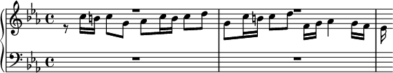 { << \new PianoStaff << \new Staff << \clef treble \key c \minor \time 4/4 \set Score.tempoHideNote = ##t \tempo 4 = 80 \new Voice \relative c'' { \voiceOne R1 | R1 | } \new Voice \relative c'' { \voiceTwo r8 c16 b c8 g as c16 b c8 d | g,8 c16 b c8 df,16 g as4 g16 f | es16 } >> \new Staff << \clef bass \key c \minor \time 4/4 \new Voice \relative c' { R1 | R1 | s16 } >> >> >> }