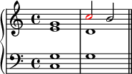 \new PianoStaff << \new Staff << \new Voice \relative c'' { \stemUp \clef treble \key c \major \time 4/4 g1 \once \override NoteHead.color = #red c2 b } \new Voice \relative c' { \stemDown e1 d } >> \new Staff << \new Voice \relative c' { \clef bass \key c \major \time 4/4 \stemUp g1 s } \new Voice \relative c { \clef bass \key c \major \time 4/4 \stemDown c1 g' \bar "||" } >> >>