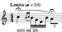 \relative{ \set Staff.midiInstrument = #"ファゴット" \compoundMeter #'((4 4)) \tempo "レント" 4 = 50 \grace{s8} \omit Score.MetronomeMark \tempo 4=25 \stemDown c''4\fermata(_"ソロ アドリブ。" \tempo 4=50 \acciaccatura{b16 c}bge b' \tempo 4=10 \times 2/3{a8)\fermata[ \hide r]} }