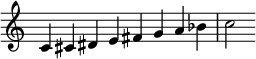 
{ \override Score.TimeSignature #'stencil = ##f \relative c' { \clef treble \key c \major \time 8/4 c4 cis dis e fis ga bes c2 } }
