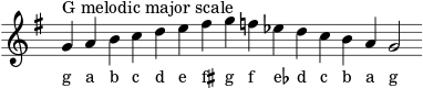 \header { tagline = ##f } scale = \relative f' { \key g \major \omit Score.TimeSignature g^"G メロディック メジャー スケール" abcde fis gf es dcba g2 } \score { { << \cadenzaOn \scale \context NoteNames \scale >> } \layout { } \midi { } }