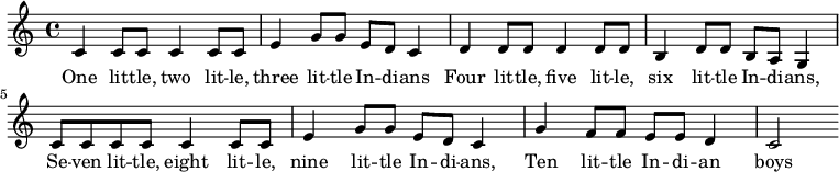 \relative c' { \set Score.tempoHideNote = ##t \tempo 4 = 120 \key c \major \time 4/4 c4 c8 c8 c4 c8 c8 | e4 g8 g8 e8 d8 c4 | d4 d8 d8 d4 d8 d8 | b4 d8 d8 b8 a8 g4 | c8 c8 c8 c8 c4 c8 c8 | e4 g8 g8 e8 d8 c4 | g'4 f8 f8 e8 e8 d4 c2| } \addlyrics { 1 年生、2 年生、3 年生、4 年生、5 年生、6 年生、7 年生、8 年生、9 年生、10 年生、男の子たち }