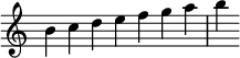 { \override Score.TimeSignature #'stencil = ##f \relative c'' { \clef treble \time 7/4 b4c defgab } }