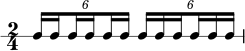 \new RhythmicStaff { \clef percussion \time 2/4 \set Score.tempoHideNote = ##t \tempo 4 = 100 \tuplet 6/4 { c16 \set stemRightBeamCount = #1 c \set stemLeftBeamCount = #1 c \set stemRightBeamCount = #1 c \set stemLeftBeamCount = #1 cc } \tuplet 6/4 { c16 c \set stemRightBeamCount = #1 c \set stemLeftBeamCount = #1 ccc } }