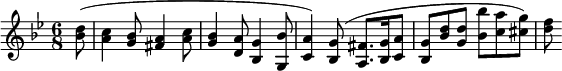 \relative c'' { \clef treble \key g \minor \time 6/8 \partial 8*1 <d bes>8( <c a>4 <bes g>8 <a fis>4 <c a>8 <bes g>4 <ad,>8 <g bes,>4 <bes g,>8 <ac,>4) <g bes,>8( <fis a,>8. <g bes,>16 <ac,>8 <g bes,> <bes d> <dg,> <bes' bes,> <ac,> <g cis,>) <f d> }