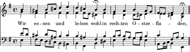
<< << \new Staff { \clef treble \time 4/4 \partial 4 \key e \minor \set Staff.midiInstrument = "choir aahs" \relative c'' << { \set Score.tempoHideNote = ## t b4 | ais b8 cis d4 e | d4 シス b\フェルマータ b |ガブa8g |フィス e fis4 e\fermata \bar "||" \break } \\ { g4 |フィスフィスフィスフィス |フィス フィス 8 e ディス 4 フィス |編 d8 ディス e4 | e dis b } >> } \new 歌詞 \lyricmode { Wir4 es -- sen und2 le4 -- ben wohl in rech -- ten O -- ster -- fla2 -- den,4 } \new Staff { \clef brass \ key e \minor \set Staff.midiInstrument = "choir aahs" \relative c' << { e8 d | cis4 d8 ais b4 cis | b ais fis b | b8[ c] b[ a] g[ a] b4 | c fis,8 a g4 } \\ { e4 | fis8[e]d[cis]b4ais | ｂ ｆｉｓ ｂ ｄｉｓ | e は g8 は e4 | a,8 b16 c b4 e, } >> } >> >> \layout { indent = #0 } \midi { \tempo 4 = 80 }
