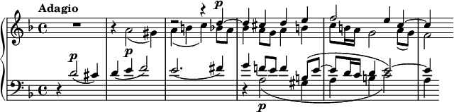 { \new PianoStaff << \new Staff << \tempo Adagio \set Staff.midiInstrument = #"clarinet" \new Voice \relative c'' { \set Score.tempoHideNote = ##t \tempo 4 = 46 \stemUp \clef treble \key d \minor \time 4/4 s1 s1 r2 r4 d^\p^~ d cis de f2 e4 c^~ c4 } \new Voice \relative c'' { \stemDown R1 r4 a2\p_( gis4) a_( bc) bes8 a bes4 a8 g a4 b c8 b16 a g2 a8_( g) f2 } >> \new Staff << \set Staff.midiInstrument = #"bassoon" \mergeDifferentlyHeadedOn \mergeDifferentlyDottedOn \new Voice \relative c' { \stemUp \clef bass \key d \minor \time 4/4 r4 d2^\markup {\dynamic p}( cis4) d( e f2) e2.( fis4) gf!8 e f4 b,8^( e^~ e8 d16 c d4 e2^~) e4 } \new Voice \relative c' { \stemDown s1 s1 s1 r4 a2\p_( gis4 ab c2) a4 } >> >> }