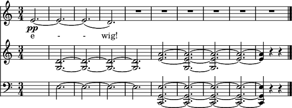 { << \new Staff \relative c' { \set melismaBusyProperties = #'() \clef treble \key c \major \time 3/4 \set Staff.midiInstrument = #"flute" e2.~\pp | e~ | e( | d) | R | R | R | R | R | R \bar "|." } \addlyrics { e - - wig! } \new PianoStaff \relative c' { \new Staff { \clef treble \key c \major \time 3/4 \set Staff.midiInstrument = #"string ensemble 1" \set Staff.midiMaximumVolume = #0.5 s2. | <dg,>2.~ | <dg,>~ | <dg,>~ | <dg,>~ | <a' e>~ | <aeg,>~ | <aeg,>~ <a e>~ | <a e>4 rr \bar "|." } } { \new Staff { \clef 低音 \key c \major \time 3/4 \set Staff.midiMinimumVolume = #0.5 s2。 |え~ |え~ |え~ | e | <例、c>~ | <例、c>~ | <例、c>~ | <例、c>~ | <例、c,>4 rr \bar "|." } } >> } \midi{\tempo 4 = 160}