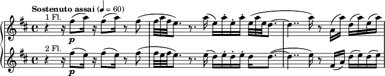 { \new PianoStaff << \new Staff \relative c'' { \set Staff.midiInstrument = #"フルート" \音部高音 \time 4/4 \tempo "ソステヌート アッサイ" 4 = 60 \key b \minor r4^" 1階」 r16 fis8\p( a16) r16 fis8( a16) r8 fis( | \scaleDurations 2/3 { fis32 a fis } e8.) r8。 a16](e)[a-。 e-。 a-.] \scaleDurations 2/3 { e32( ae } d8.~ | d4.. a'16) r8 a,16( a') d,( a') e( a) | } \new Staff \relative c'' { \set Staff.midiInstrument = #"flute" \clef treble \time 4/4 \key b \minor r4^"2 Fl." r16 fis8\p( e16) r16 fis8( e16) r8 fis8( | \scaleDurations 2/3 { fis32 e fis } e8.) r8. e16]( d)[ e-. d-. e-.] d d8.(~ | d4.. e16) r8 fis ,16( a) d( e) d(e) } >> }