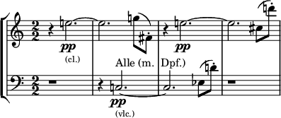 \new StaffGroup << \new Staff \relative c'' { \clef treble \override Staff.TimeSignature.style = #'numbered \time 2/2 \set Score.tempoHideNote = ##t \tempo 2 = 50 \accidentalStyle dodecaphonic \set Staff.midiInstrument = "clarinet" r4 e2._\markup { \tiny (cl.) }\pp~ | e2. g8( fis,8-.) | r4 e'2.\pp~ | e2. cis8( d'8-.) | } \new Staff \relative c { \clef bass \override Staff.TimeSignature.style = #'numbered \time 2/2 \set Score.tempoHideNote = ##t \tempo 2 = 50 \accidentalStyle dodecaphonic \set Staff.midiInstrument = "string ensemble 1" r1 | r4 c2.^"Alle (m. Dpf.)"_\markup { \tiny (vlc.) }\pp~ | c2. ees8( d'8-.) | r1 } >>