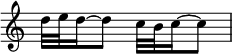 { \override Score.TimeSignature #'stencil = ##f \relative c'' { \time 2/4 d32 e d16~ d8 c32 b c16~ c8 } }