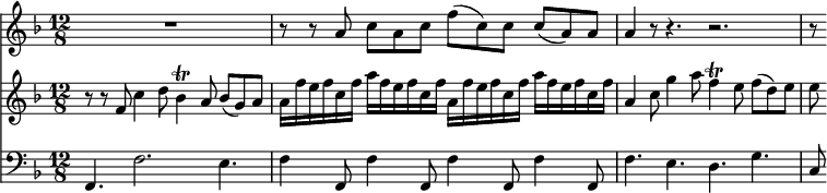
<< << \new Staff { \clef treble \time 12/8 \key f \major \set Staff.midiInstrument = "french horn" \set Score.tempoHideNote = ##t \relative c'' { R1. | r8 r a8 cacf( c) cc( a) a | a4 r8 r4. r2. | r8 } } \new Staff { \clef treble \time 12/8 \key f \major \set Staff.midiInstrument = "viola" \relative c' { r8 rf c'4 d8 bes4\trill a8 bes( g) a | a16[ f' efcf] a[ fefcf] a,[ f' efcf] a[ fefcf] | a,4 c8 g'4 a8 f4\trill e8 f( d) e | e8 } } \new Staff { \clef bass \time 12/8 \key f \major \set Staff.midiInstrument = "bassoon" \relative c { f,4. f'2. e4. | f4 f,8 f'4 f,8 f'4 f,8 f'4 f,8 | f'4. edg | c,8 } } >> >> \layout { indent = #0 } \midi { \tempo 4. = 60 }
