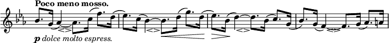 \relative c' \new Staff \with { \remove "Time_signature_engraver" } { \key es \major \time 4/4 \tempo "ポコ メノ モッソ。" '8です。 _\markup { \dynamic p \italic { ドルチェモルトエスプレス。 } } g16(<< aes4)~ { s8 s8_\espressivo } >> aes8。 c16( f8.) d16( es8.) c16( << bes4)~ { s8 s8_\espressivo } >> bes8.\< d16( g8.) d16 ( es8.)\> bes16\!( << d4)~ { s8 s8_\espressivo } >> d8。 bes16( c8.) g16( bes8.) g16( << f4)~ { s8 s8_\espressivo } >> f8. g16(aes8.) a16 }