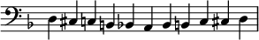 
\relative c{ \new Staff \with {\remove "Time_signature_engraver" \clef bass } \time 11/4 \key d \minor d cis cb bes a bes bc cis d }
