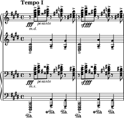 { #(set-global-staff-size 14) \new StaffGroup \with { \omit SystemStartBracket \override StaffGrouper.staffgroup-staff-spacing.basic-distance = #15 } << \new PianoStaff << \new Staff \with { \magnifyStaff #3/4 } << \relative c'' { \time 4/4 \clef treble \key cis \minor \tempo "Tempo I" \tempo 4 = 50 \set Staff.extraNatural = ##f r8\fff _\markup {\left-align \italic md} <cis e gis cis>-> <e gis b e>->_\markup { \italic pesante} <dis fisis ais dis>-> r <d fis bis d>-> r <bis dis fis bis>-> r <cis e gis cis>->_\markup {\dynamic sffff} <e gis b e>-> <dis fisis ais dis>-> r <d fis bis d>-> r <bis dis fis bis>->} >> \new Staff \with { \magnifyStaff #3/4 } << \relative c { \time 4/4 \clef treble \key cis \minor <cis e gis cis>2-> <a' a'>4-> <gis gis'>-> <cis, e gis cis>2-> <a' a'>4-> <gis gis'>->} >> >> \new PianoStaff << \new Staff \with { \magnifyStaff #3/4 } << \relative c { \time 4/4 \clef bass \key cis \minor \set Staff.extraNatural = ##f r8\fff _\markup {\left-align \italic ms} <e gis cis e>-> <gis be gis>->_\markup { \italic pesante} <fisis ais dis fisis>-> r <fis bis d fis>-> r <dis fis bis dis>-> r <e gis cis e>->_\markup {\dynamic sffff} <gis be gis>-> <fisis ais dis fisis>-> r <fis bis d fis>-> r <dis fis bis dis>->} >> \new Staff \with { \magnifyStaff #3/4 } << \relative c,, { \time 4/4 \clef based \key cis \minor <cis e gis cis>2->\sustainOn <a' a'>4-> \sustainOff \sustainOn <gis gis'>->\sustainOn <cis, e gis cis>2-> \sustainOn <a' a'>4->\sustainOff \sustainOn <gis gis'>->\sustainOn} >> >> >> }