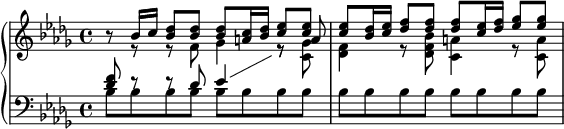\new PianoStaff << \new Staff = "up" \with { \consists "Merge_rests_engraver" } << \set Score.tempoHideNote = ##t \tempo 8 = 80 \clef treble \key bes \minor \time 4/4 \new Voice \relative c'' { \voiceOne r8 bes16 c16 <bes des>8 8 8 <a c>16 <bes des>16 <c ees>8 8 8 <bes des>16 <c ees>16 <des f>8 8 8 <c ees>16 <des f>16 <ees ges>8 8 } \new Voice \relative c' { \voiceTwo r8 e8\rest e8\rest f8 ges4 e8\rest \stemUp a8 } >> \new Staff = "down" << \clef bass \key bes \minor \time 4/4 \new Voice \relative c' { \voiceThree \showStaffSwitch <des f>8 e8\rest e8\rest des8 ees4 \change Staff = "up" \stemDown e8\rest <c ges'>8 <des f>4 e8\rest <des f bes>8 <c a'>4 e8\rest <c a'>8 } \new Voice \relative c' { \voiceFour bes8 8 8 8 8 8 8 8 8 8 8 8 8 8 8 8 } >> >>