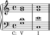 
   \new PianoStaff << \new Staff << \new Voice \relative c'' { \stemUp \clef treble \key c \major \time 4/4 b1 c } \new Voice \relative c'' { \stemDown g1 g } >> \new Staff << \new Voice \relative c' { \stemUp \clef bass \key c \major \time 4/4 d1 e } \new Voice \relative c' { \stemDown g1_\markup { \concat { \translate #'(-4 . 0) { "C: V" \hspace #7 "I" } } } c, \bar "||" } >> >>
