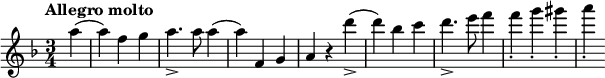 \new Staff << \set Staff.midiInstrument = #"violin" \relative c''{ \clef treble \key d \minor \time 3/4 \tempo "Allegro molto" \tempo 2. = 80 \partial 4 a '4( 4) fg a4._> 8 a4( 4) f, gar d'4_>( 4) bes c d4._> e8 f4 4_。 g_。ギス_。あ_。 } >>
