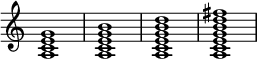 { \override Score.TimeSignature #'stencil = ##f \relative c' { \clef treble \time 4/4 \key c \major <ace g>1 <aceg b>1 <acegb d>1 <acegbd fis>1 } }