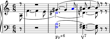  { \new PianoStaff << \new Staff << \new Voice \relative c'' { \clef treble \key a \minor \time 6/8 \voiceOne \partial8 r8 R2. gis4.(~ gis4 \once \override NoteHead.color = #red a8 ais8 b4~ b8) rr } \new Voice \relative c' { \voiceTwo \partial8 a( f'4.~ f4 e8 \once \override NoteHead.color = #red dis2.)( d!4.)~ d8 rr } >> \new Staff << \relative c { \clef bass \key a \minor \time 6/8 \partial8 r8 R2. \once \override NoteHead.color = #red <f b>2.(_\markup { \concat { "Fr" \raise #1 \small "+6" \hspace #8 "V" \raise #1 \small "7" } } <e gis>4.)~ <e gis>8 rr } >> >> } 