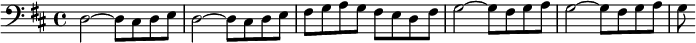 
{ \time 4/4 \set Score.tempoHideNote = ##t \tempo 4 = 160 \clef "bass" \key d \major d2~ d8 cis de | d2~ d8 cis de | fis gag fis ed fis | g2~ g8 fis ga | g2~ g8 fis ga | g }
