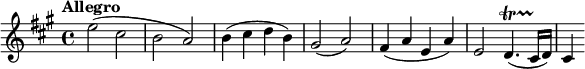
\relative c'' { \set Staff.midiInstrument = #"ヴァイオリン" \tempo "アレグロ" \tempo 4 = 126 \key a \major \time 4/4 e2( cis | ba) | b4(シスdb) | gis2(a) | fis4(aea) | e2 d4.(\startTrillSpan cis16\stopTrillSpan d) |シス4 }

