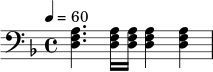 \relative d { \clef bass \tempo 4=60 \key d \minor <df a>4. <df a>16 <df a>16 <df a>4 <df a>4 }