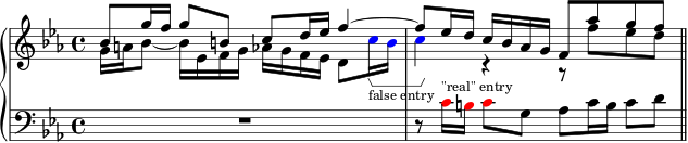  \layout { \context { \Voice \consists "Horizo​​ntal_bracket_engraver" \override TextScript.font-size = -2 } } \new PianoStaff << \new Staff \fixed c' { \key c \minor << { bes8 g'16 f' g'8 b c' d'16 ees' f'4~ | 8 ees'16 d' c' bes aes g f8 aes' g' f' | } \\ { g16 a bes8~ 16 ees fg aes gf ees d8 \override NoteHead.color = #red c'16\startGroup_"false entry" b | c'4\stopGroup \revert NoteHead.color r r8 f' ees' d' | } >> \bar "||" } \new Staff { \clef bass \key c \minor R1 | r8 \override NoteHead.color = #blue c'16^"\"real\" entry" b c'8 \revert NoteHead.color g aes c'16 b c'8 d' | } >> 