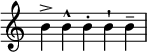 { \override Score.TimeSignature #'stencil = ##f \relative c'' { \time 5/4 b-> b-^ b-. b-! b-- } }