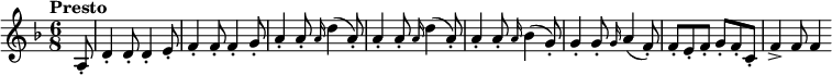 \new Staff << \set Staff.midiInstrument = #"violin" \relative c'{ \clef treble \key d \minor \time 6/8 \tempo "Presto" \tempo 4. = 200 \partial 8 a8_. d4_。 8_。 4_。 e8_。 f4_。 8_。 4_。 g8_。 a4_。 8_。 \grace {a16} (d4 a8_.) a4_. 8_。 \grace {a16} (d4 a8_.) a4_. 8_。 \grace {a16} (bes4 g8_.) 4_. 8_。 \grace {g16} (a4 f8_.) f_. e_。 f_。 g_。 f_。 c_。 f4_> 8 4 } >>