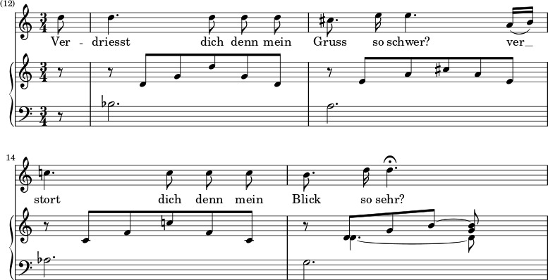  \layout { \context { \Score \accidentalStyle no-reset } } << \new Staff \fixed c' { \time 3/4 \partial 8 \omit Score.MetronomeMark \tempo 4=90 \autoBeamOff \set Score.currentBarNumber = 12 \set Score.barNumberVisibility = #all-bar-numbers-visible \set Staff.midiInstrument = "choirああ、8 | 4. 8 8 8 |シス'8。 e'16 4. a16[( b]) | c'4。 8 8 8 | b8. d'16 4.\フェルマータ s8 | } \addlyrics { Ver -- 最も乾燥した生活を送っていますか? ver __ stort dich denn mein ブリックしてください? } \new PianoStaff << \new Staff \fixed c' { r8 | rdg d' gd | rea cis' ae | \break rcf c' fc | r << { d[ gb]~ <g b> } \\ { d4.~ 8 } >> s8 | } \new Staff { \clef bass r8 | bes2. | a | aes | g | } >> >> 