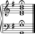 { \override Score.TimeSignature #'stencil = ##f \new PianoStaff << \new Staff << \relative c' { \stemUp \clef treble \key g \major \time 4/4 <d fis b d>1\fermata } >> \new Staff << \relative c { \clef bass \key g \major \time 4/4 <g g'>1\fermata \bar "|." } >> >> }