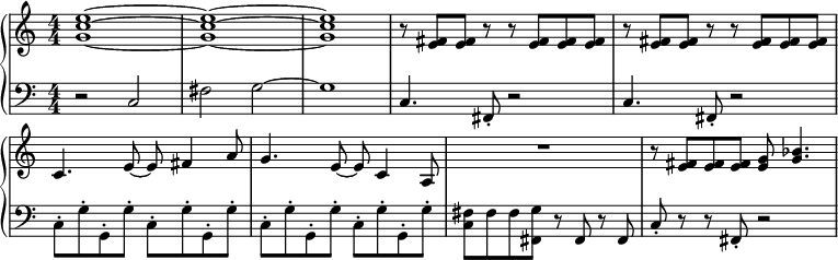 \header { tagline = ##f } \paper { system-system-spacing = #'((basic-distance . 1) (padding . 1)) } \layout { indent = 0 \context {\Score \remove "Bar_number_engraver" } } global = { \key c \major \numericTimeSignature \time 4/4 } right = \relative c'' { \global <ec g>1~ | <ec g>1~ | <ec g>1 | \repeat unfold 2 {r8 <e, fis> <e fis> rr <e fis> <e fis> <e fis> | } c4. e8~ e fis4 a8 | g4. e8~ e c4 a8 | R1 | r8 <e' fis> <e fis> <e fis> <e g> <g bes>4. | } left = \relative c { \global r2 c2 | fis g~ | g1 | \repeat unfold 2 { c,4. fis,8-. r2 | } \repeat unfold 4 { \stemDown c'8-. g'-. g,-. g'-. } <fis c> fis fis <g fis,> r \stemNeutral fis, r fis | c'-. rr fis,-. r2 | } \score { \new PianoStaff << \new Staff = "right" \right \new Staff = "left" { \clef bass \left } >> \layout { } \midi { \tempo 4=172 } }