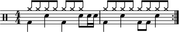 
\version "2.22.0" \header { tagline = ##f} \score { \drums \with {midiInstrument = "drums"} \with { \numericTimeSignature } { \repeat volta 2 { <<{cymra8 cymra cymra cymra cymra [シムラ シムラ]}\\{bd4 sne bd sne8 sne16 sne16}>> <<{cymra8 cymra cymra cymra cymra cymra cymra cymra}\\{bd4 sne4 bd8 bd8 sne4}>>\break } } \layout { \context{ \Score ProportionalNotationDuration = #(ly:make-moment 1 /8) } } } \スコア { \unfoldRepeats { \drums \with {midiInstrument = "drums"}{ \repeat volta 2 { <<{cymra8 cymra cymra cymra cymra [cymra cymra]}\\{bd4 sne bd sne8 sne16 sne16}>> <<{cymra8 cymraキムラ キムラ キムラシムラ シムラ シムラ}\\{bd4 sne4 bd8 bd8 sne4}>>\break } } } \midi { \tempo 4 = 102 } }

