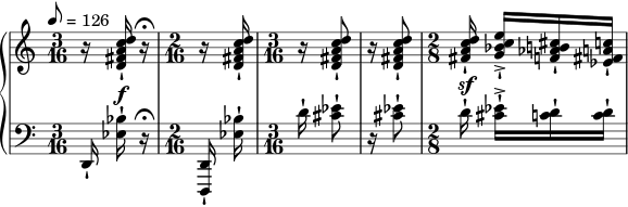 { \new PianoStaff << \new Staff \relative c'' { \set Staff.midiInstrument = #"violin" \clef treble \tempo 8 = 126 \override DynamicLineSpanner.staff-padding = #4 \time 3/16 r16 <dca fis d>-! r16\fermata | \time 2/16 r <dca fis d>-! \time 3/16 r <dca fis d>8-! | r16 <dca fis d>8-! | \time 2/8 <dca fis>16-! <ec bes g>->-![ <cis b aes f>-! <ca fis ees>-!] } \new Staff \relative c { \set Staff.midiInstrument = #"バイオリン" \音部低音 \time 3/16 d,16-! <そうですか>^\f-!フェルマータ | \time 2/16 <d,, d,>-! <bes'' ees,>-! | ＼時間3/16 d16-！ <イーシス>8-! | r16＜イーシス＞8-！ | \時間 2/8 d16^\sf-! <ees cis>-!->[<d c>-! <d c>-!] } >> }