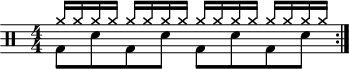 \version "2.22.0" \header { tagline = ##f} \score { \drums \with {midiInstrument = "drums"} \with { \numericTimeSignature } { \repeat volta 2 { <<{cymra16 cymra cymra cymra cymraキムラ キムラ キムラ キムラ キムラ キムラ キムラcymra cymra cymra cymra}\\{bd8 sne8 bd8 sne8 bd8 sne8 bd8 sne8}>>\break } } \layout {} } \score { \unfoldRepeats { \drums \with {midiInstrument = "drums"}{ \repeat volta 2 { <<{cymra16キムラ キムラ キムラ キムラ キムラ キムラ キムラ キムラ キムラ キムラ キムラ キムラ キムラ キムラ}\\{bd8 sne8 bd8 sne8 bd8 sne8 bd8 sne8}>>\break } } } \midi { \tempo 4 = 100 } }
