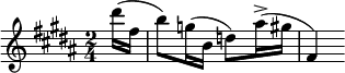 \relative c'' { \clef treble \key b \major \time 2/4 \partial 16*2 dis'16( fis, b8) g16( b, d8) ais'16->( gis fis,4) }