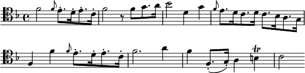   { \relative c' { \clef tenor \key f \major f2 \grace f8 e8.-.[ d16-. e8.-. c16-.] | f2 r8 f8[ g8. a16] | bes2 d,4 g | \grace f8 e8.[ d16 c8. d16] c8.[ bes16 a8. g16] | f4 f' \grace f8 e8.-.[ d16-. e8.-. c16-.] | f2. a4 | ff,8.-.( g16-.) a4 b \trill | c2 } } \layout { \context {\Score \omit BarNumber} line-width = #150 }
