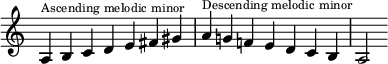 { \override Score.TimeSignature #'stencil = ##f\relative c' { \clef treble \time 7/4 \hide Staff.TimeSignature \override Voice.TextScript.font-size = #-2 a4^\markup { 上行メロディックマイナー } bcde fis gis a^\markup { 下行メロディックマイナー } g! f! edcb a2 } }