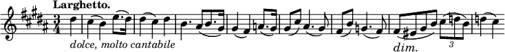 
\relative c' { \key b \major \time 3/4 \tempo "Larghetto." \partial 4 \override Score.SpacingSpanner #'common-shortest-duration = #(ly:make-moment 1 4) \set Staff.midiInstrument = "violin" \set Score.tempoHideNote = ##t \tempo 4 = 50 dis'4_\markup{ \italic {dolce, molto cantabile } } cis( b) e8.( dis16) dis4( cis) dis b4. ais8[( b8. gis16)] gis4( fis) a8.( gis16) gis8( cis) ais4.( gis8) fis( b) g4.( fis8) fis\dim ( eis\! gis b) \times 2/3 { cis8( db) } d4( cis) }
