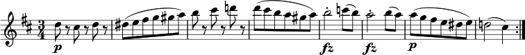 { \relative d'' { \key d \major \time 3/4 d8 \pr cis rdr | dis8( e fis g gis a) | b8 r cis rd! r | d8(シスバギスア) | b2-。 \fz c8( b) | a2-。 \fz b8(a) | a8( \pg フィス e ディス e) | d!2(cis4) \bar ":|." }}